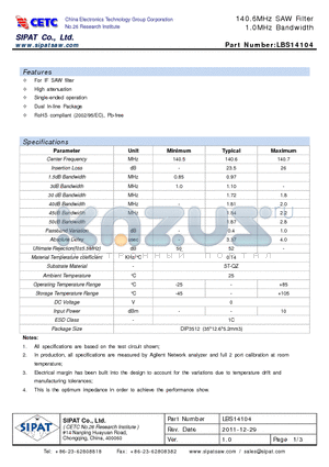 LBS14104 datasheet - 140.6MHz SAW Filter 1.0MHz Bandwidth