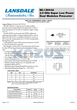 ML12054A datasheet - 2.0 GHz Super Low Power Dual Modulus Prescaler