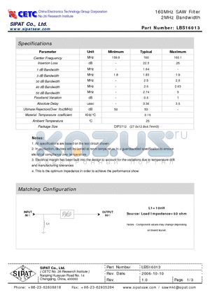 LBS16013 datasheet - 160MHz SAW Filter 2MHz Bandwidth