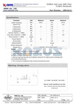 LBS16018 datasheet - 160MHz High-Loss SAW Filter 2.5MHz Bandwidth
