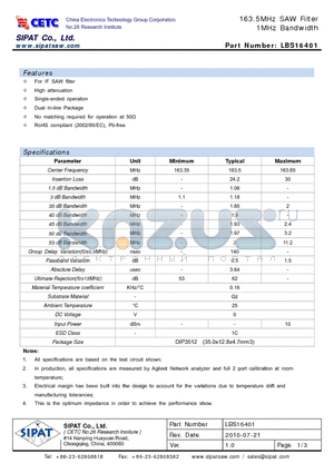 LBS16401_10 datasheet - 163.5MHz SAW Filter 1MHz Bandwidth