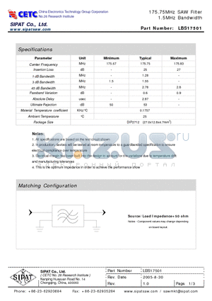 LBS17501 datasheet - 175.75MHz SAW Filter 1.5MHz Bandwidth