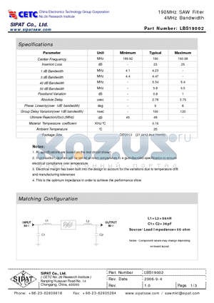 LBS19002 datasheet - 190MHz SAW Filter 4MHz Bandwidth