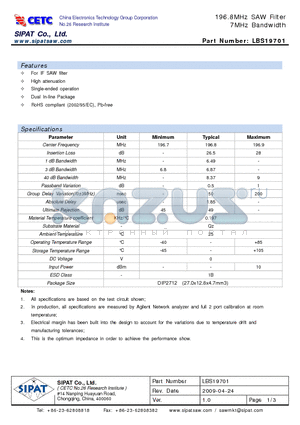 LBS19701 datasheet - 196.8MHz SAW Filter 7MHz Bandwidth