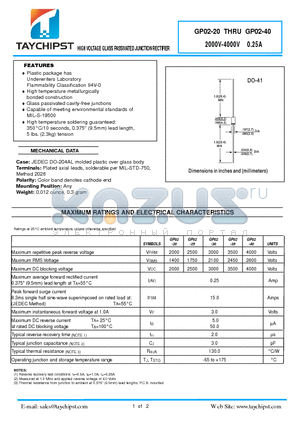 GP02-20 datasheet - HIGH VOLTAGE GLASS PASSIVATED JUNCTION RECTIFIER