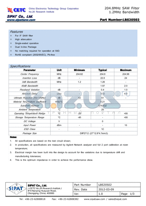 LBS20502 datasheet - 204.8MHz SAW Filter 1.2MHz Bandwidth