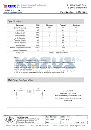 LBS21002 datasheet - 210MHz SAW Filter 5.2MHz Bandwidth