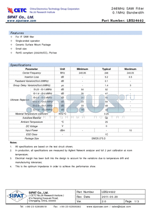 LBS24602 datasheet - 246MHz SAW Filter 0.1MHz Bandwidth