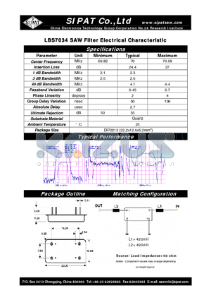 LBS7034 datasheet - SAW Filter Electrical Characteristic