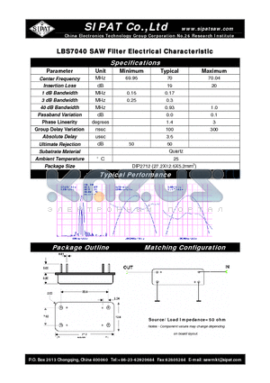 LBS7040 datasheet - SAW Filter Electrical Characteristic
