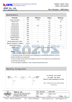 LBS70A22 datasheet - 70MHz SAW Filter 2MHz Bandwidth