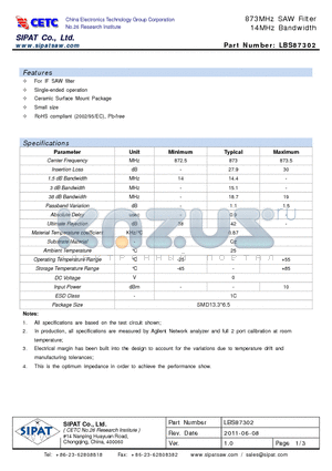 LBS87302 datasheet - 873MHz SAW Filter 14MHz Bandwidth