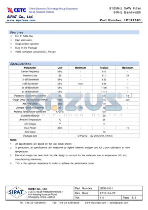 LBS91001 datasheet - 910MHz SAW Filter 9MHz Bandwidth