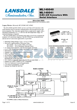 ML145041RP datasheet - 8-Bit A/D Converters With Serial Interface