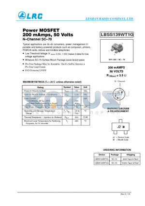 LBSS139WT1G datasheet - Power MOSFET 200 mAmps, 50 Volts NChannel SC70