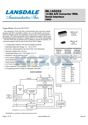 ML145053 datasheet - 10-Bit A/D Converter With Serial Interface CMOS