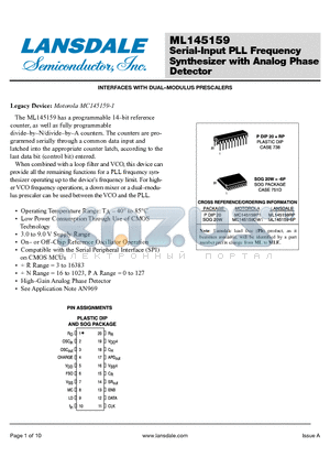 ML145159P1 datasheet - Serial-Input PLL Frequency Synthesizer with Analog Phase Detector