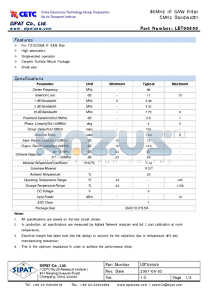 LBT09609 datasheet - 96MHz IF SAW Filter 5MHz Bandwidth