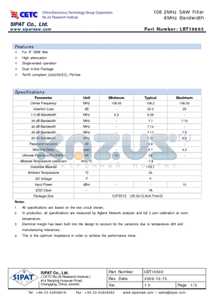 LBT10603 datasheet - 106.2MHz SAW Filter 6MHz Bandwidth