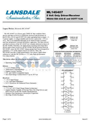 ML145407RP datasheet - 5 Volt Only Driver/Receiver RS232 EIA-232-E and CCITT V.28