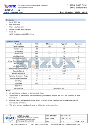 LBT11512S datasheet - 115MHz SAW Filter 6MHz Bandwidth