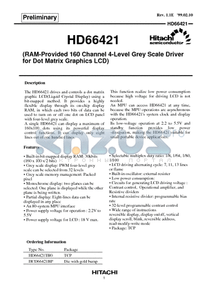 HD66421 datasheet - (RAM-Provided 160 Channel 4-Level Grey Scale Driver for Dot Matrix Graphics LCD)