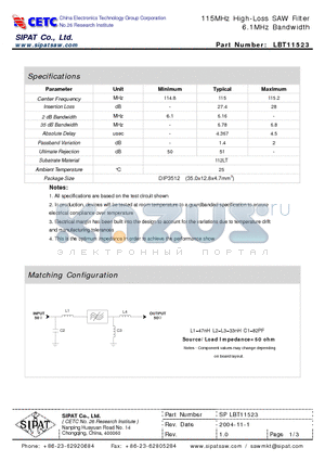 LBT11523 datasheet - 115MHz High-Loss SAW Filter 6.1MHz Bandwidth