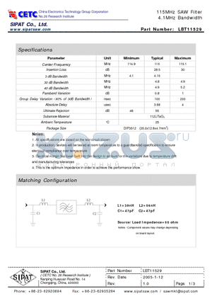 LBT11529 datasheet - 115MHz SAW Filter 4.1MHz Bandwidth