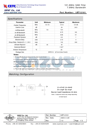 LBT12101 datasheet - 121.8MHz SAW Filter 7.8MHz Bandwidth