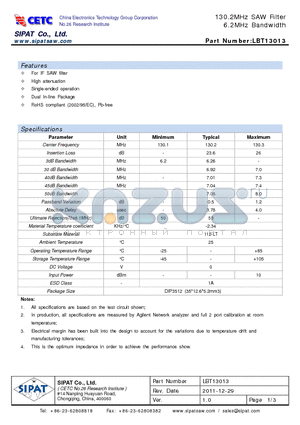 LBT13013 datasheet - 130.2MHz SAW Filter 6.2MHz Bandwidth