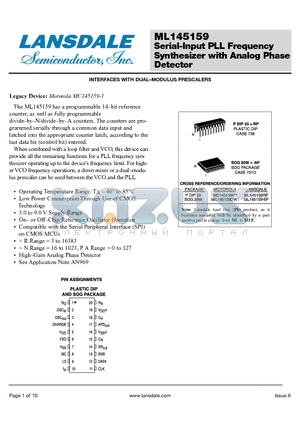 ML145159-6P datasheet - Serial-Input PLL Frequency Synthesizer with Analog Phase Detector