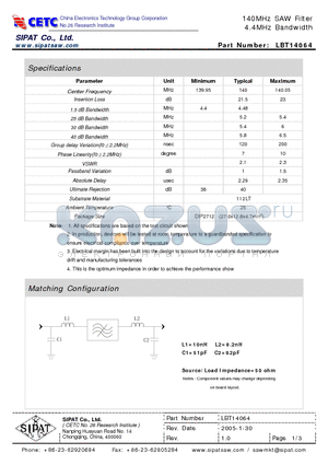 LBT14064 datasheet - 140MHz SAW Filter 4.4MHz Bandwidth