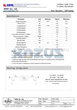 LBT14066 datasheet - 140MHz SAW Filter 14.4MHz Bandwidth