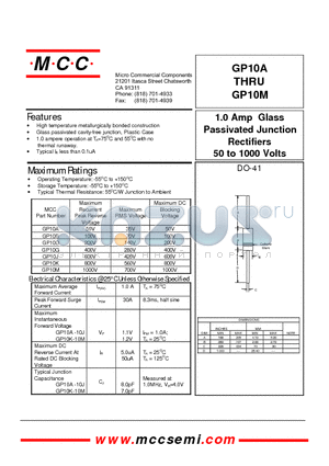 GP10M datasheet - 1.0 Amp Glass Passivated Junction Rectifiers 50 to 1000 Volts