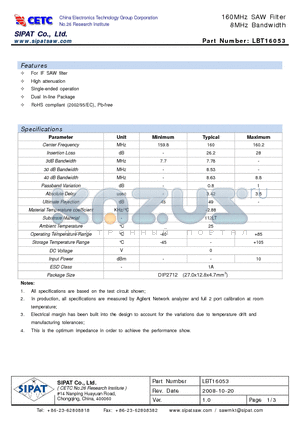 LBT16053 datasheet - 160MHz SAW Filter 8MHz Bandwidth