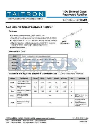 GP10V datasheet - 1.0A Sintered Glass Passivated Rectifier