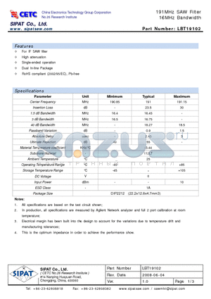 LBT19102 datasheet - 191MHz SAW Filter 16MHz Bandwidth