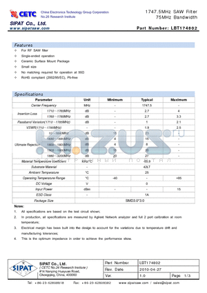 LBT174802 datasheet - 1747.5MHz SAW Filter 75MHz Bandwidth