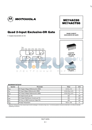 MC74ACT86 datasheet - QUAD 2-INPUT EXCLUSIVE-OR GATE