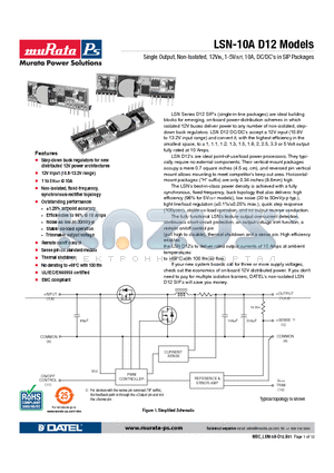 LSN-1.2/10-D12 datasheet - Single Output, Non-Isolated, 12VIN, 1-5VOUT, 10A, DC/DCs in SIP Packages