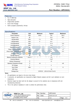 LBT25003 datasheet - 250MHz SAW Filter 8MHz Bandwidth