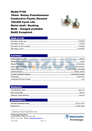 P160KNP-0QC20B100K datasheet - 16mm Rotary Potentiometer Conductive Plastic Element 100,000 Cycle Life Metal shaft / Bushing Multi - Ganged available