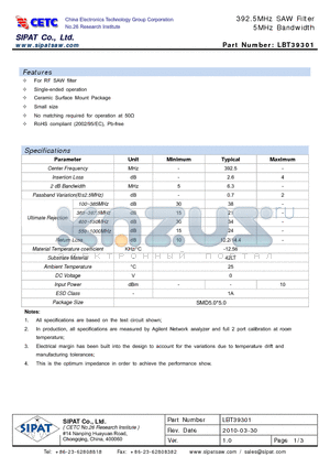 LBT39301 datasheet - 392.5MHz SAW Filter 5MHz Bandwidth