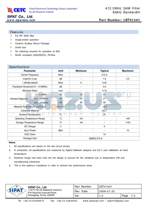 LBT41301 datasheet - 412.5MHz SAW Filter 6MHz Bandwidth