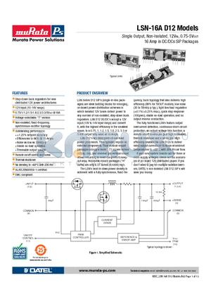 LSN-1.8/16-D12 datasheet - Single Output, Non-Isolated, 12VIN, 0.75-5VOUT 16 Amp in DC/DCs SIP Packages