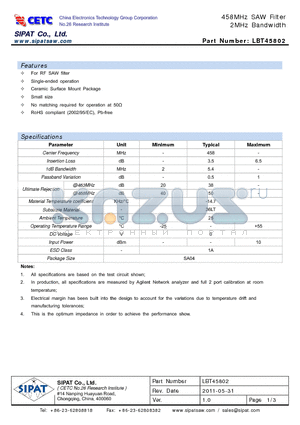 LBT45802 datasheet - 458MHz SAW Filter 2MHz Bandwidth