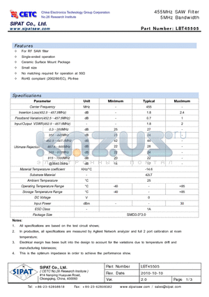 LBT45505 datasheet - 455MHz SAW Filter 5MHz Bandwidth