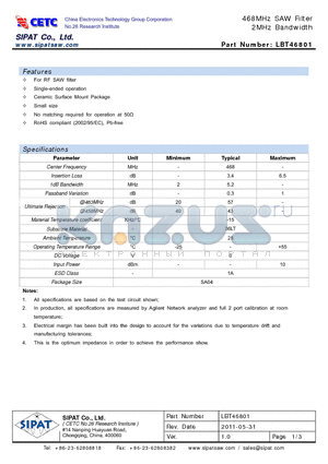 LBT46801 datasheet - 468MHz SAW Filter 2MHz Bandwidth