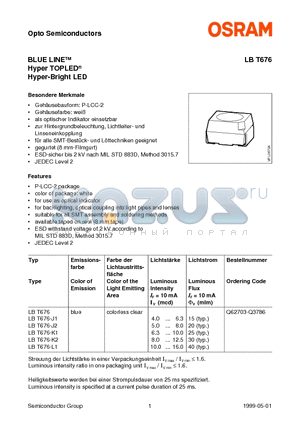 LBT676-K2 datasheet - BLUE LINE Hyper TOPLED Hyper-Bright LED