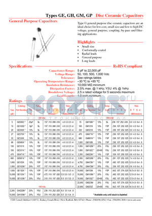 GP122 datasheet - Disc Ceramic Capacitors